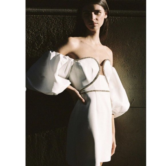 self-portrait White Bonded Crepe Puff Sleeve Mini Dress Wedding - Picture 5 of 11